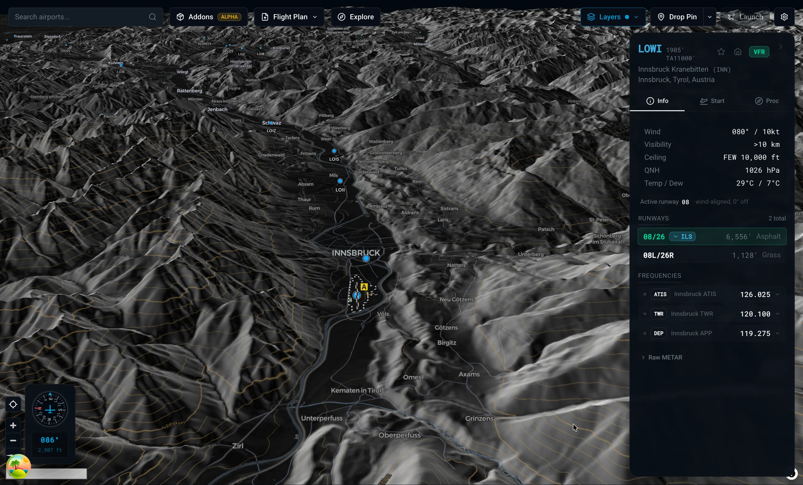 X-Dispatch map with terrain, airport markers, and 3D terrain shading.
