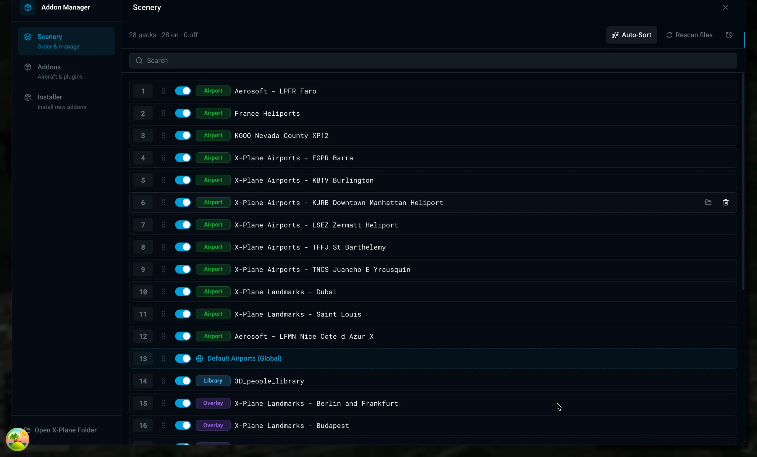 X-Dispatch add-on manager showing installed add-ons and scenery tools.