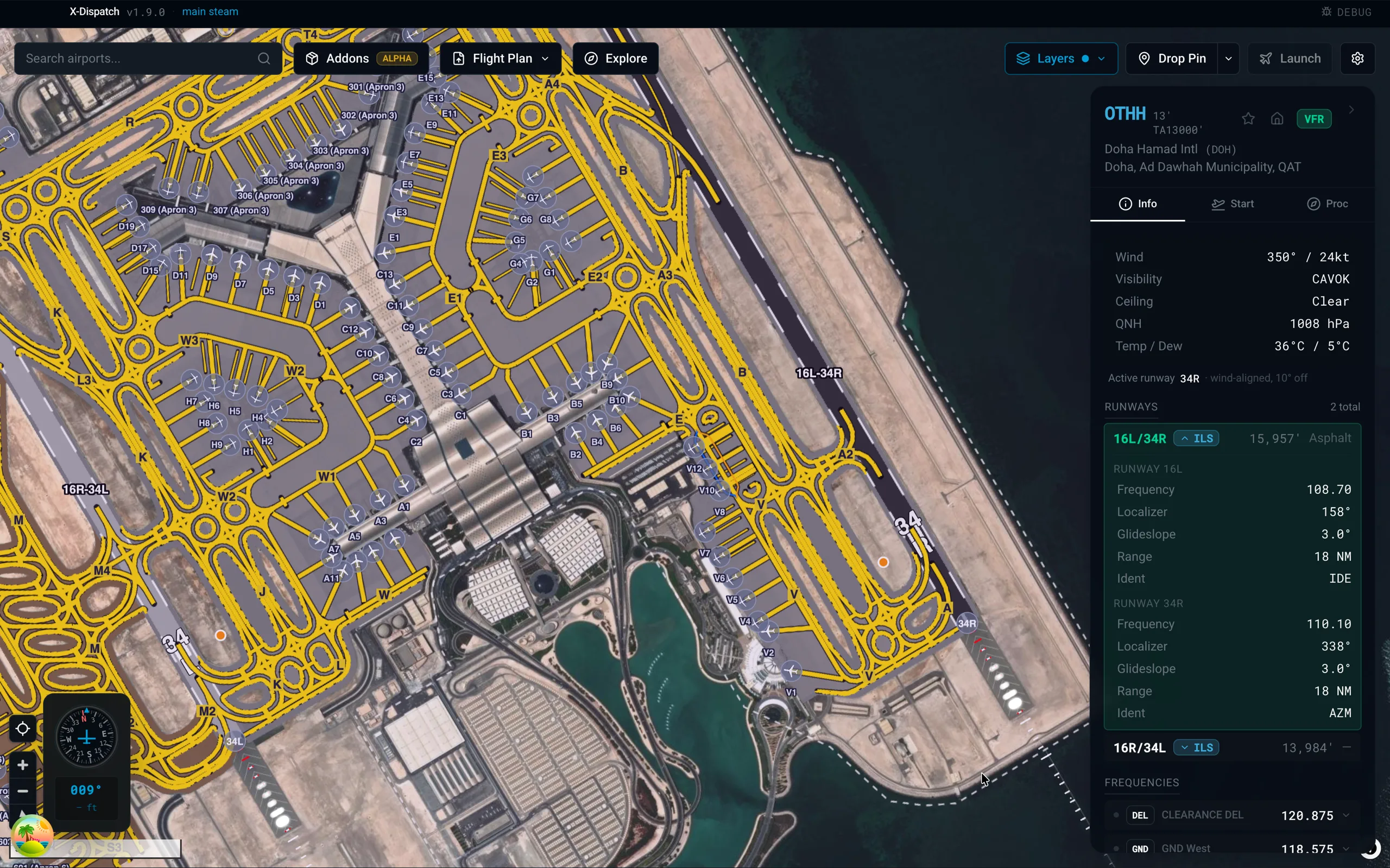 X-Dispatch airport detail view with runways, taxiways, gates, and airport information.