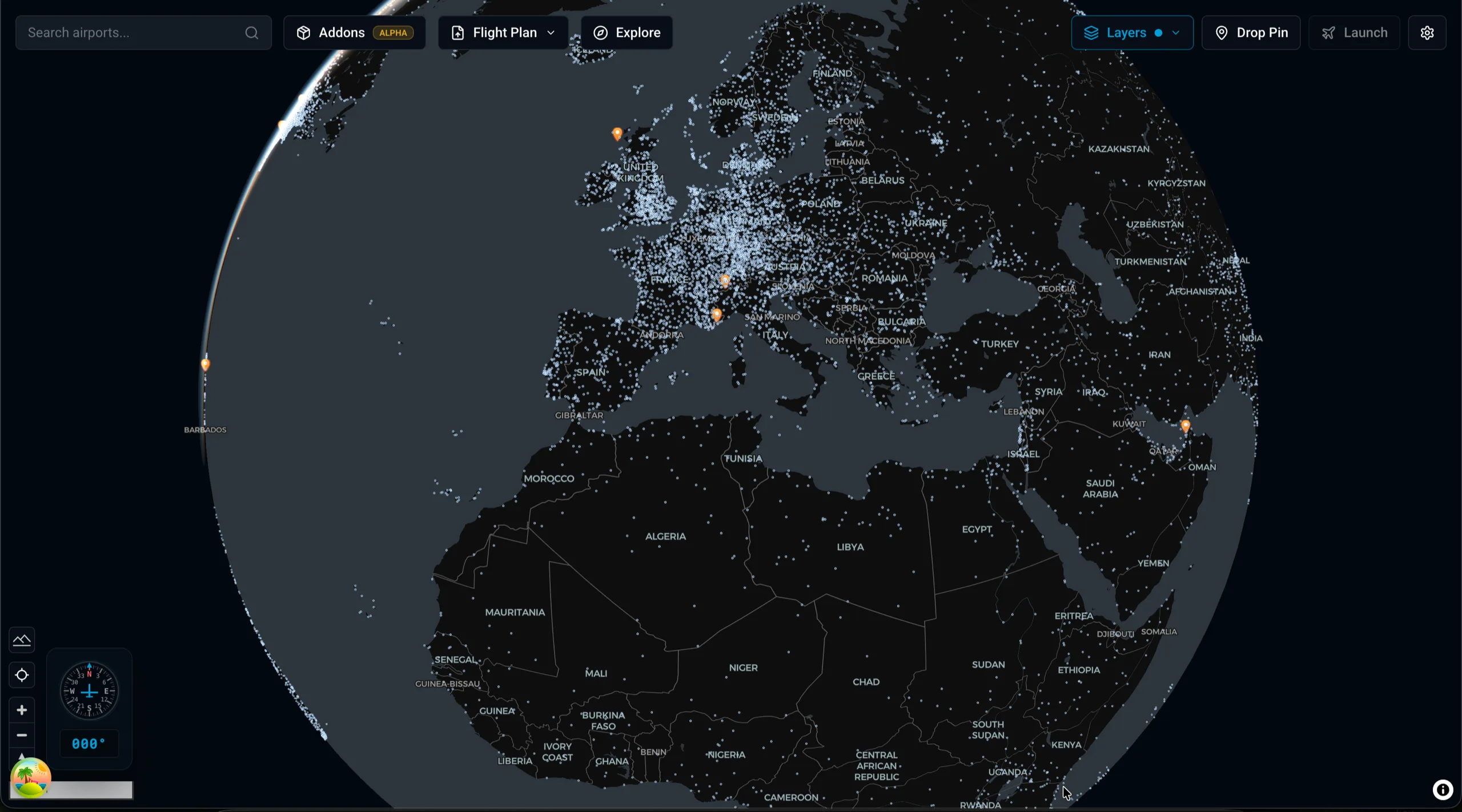 X-Dispatch world map with airport markers and flight dispatch controls.