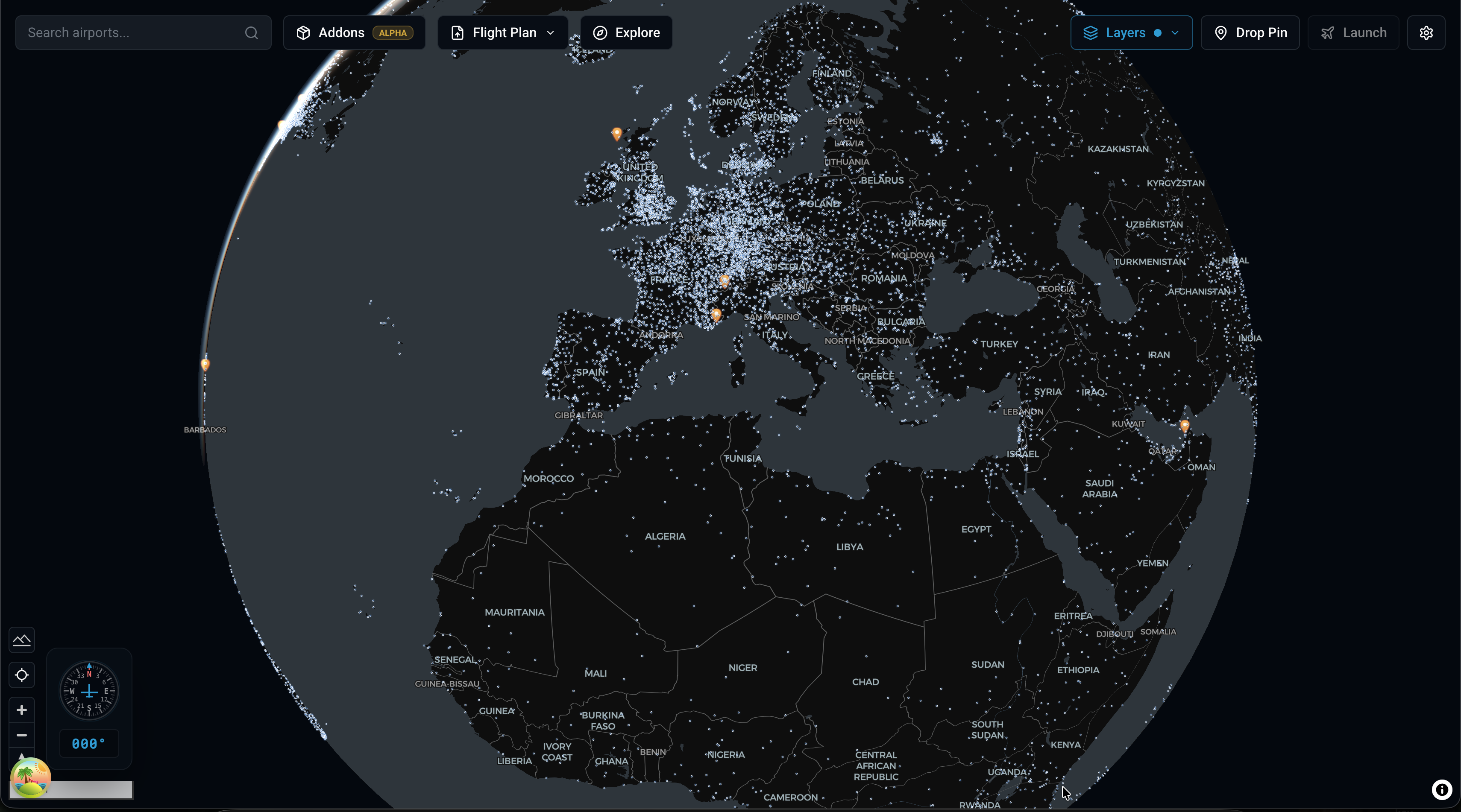 X-Dispatch map overview showing airports on a global map